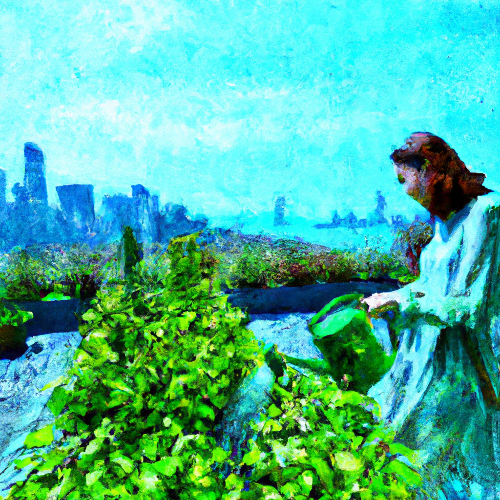 Subject: An eco-friendly, content Asian woman. Style: Impressionist painting like Claude Monet. Color: Shades of green and blue. Composition: The woman watering plants in a rooftop garden with a skyline view in the background.